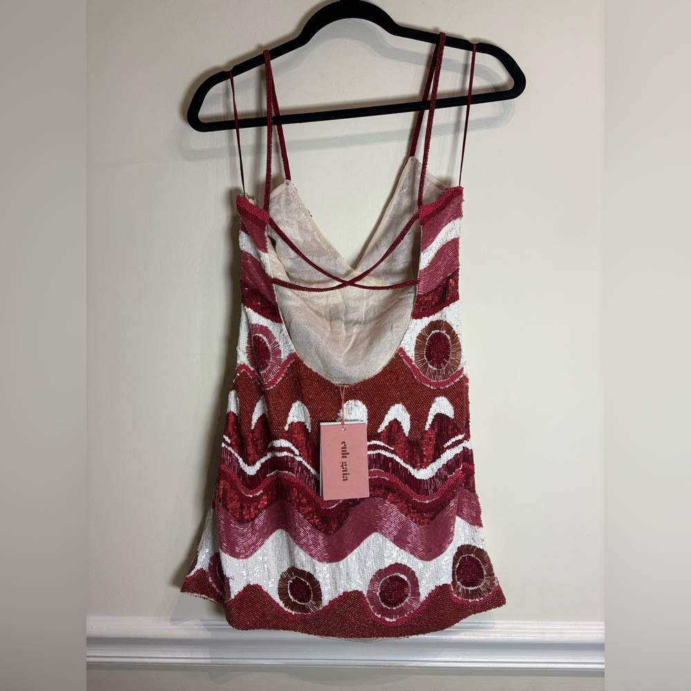 CULT GAIA Sasha Beaded Multi Wave Print Mini Dress Pink Red NWT Small - Picture 8 of 14